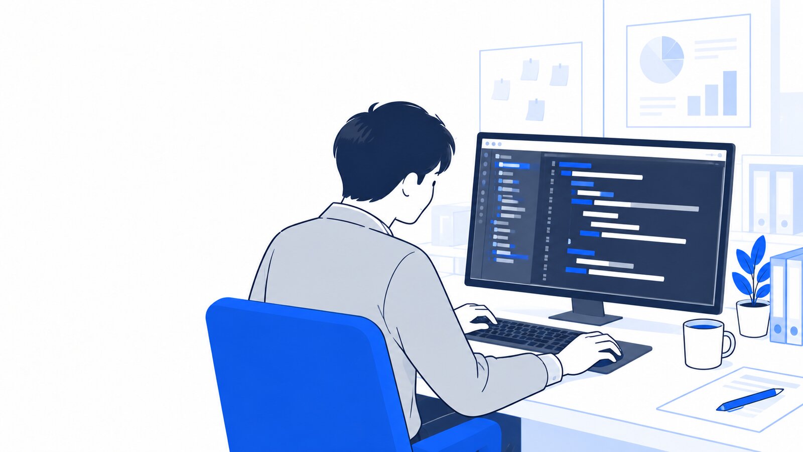 エンジニアがエディタでエージェントのコードを確認している場面