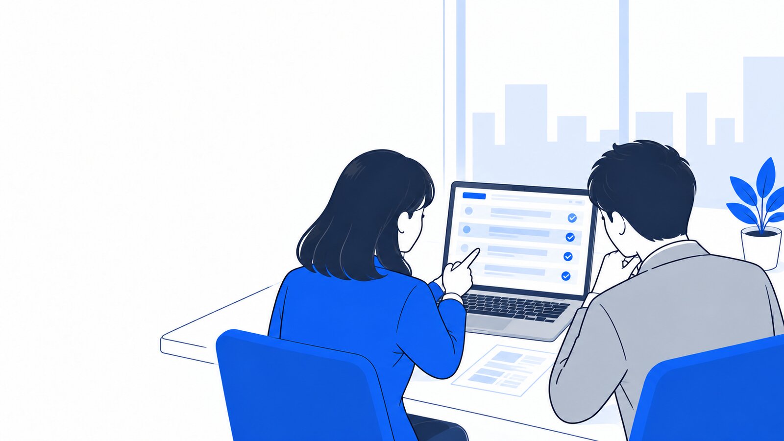 会議室でエージェントの動作の記録を確かめる担当者と上司