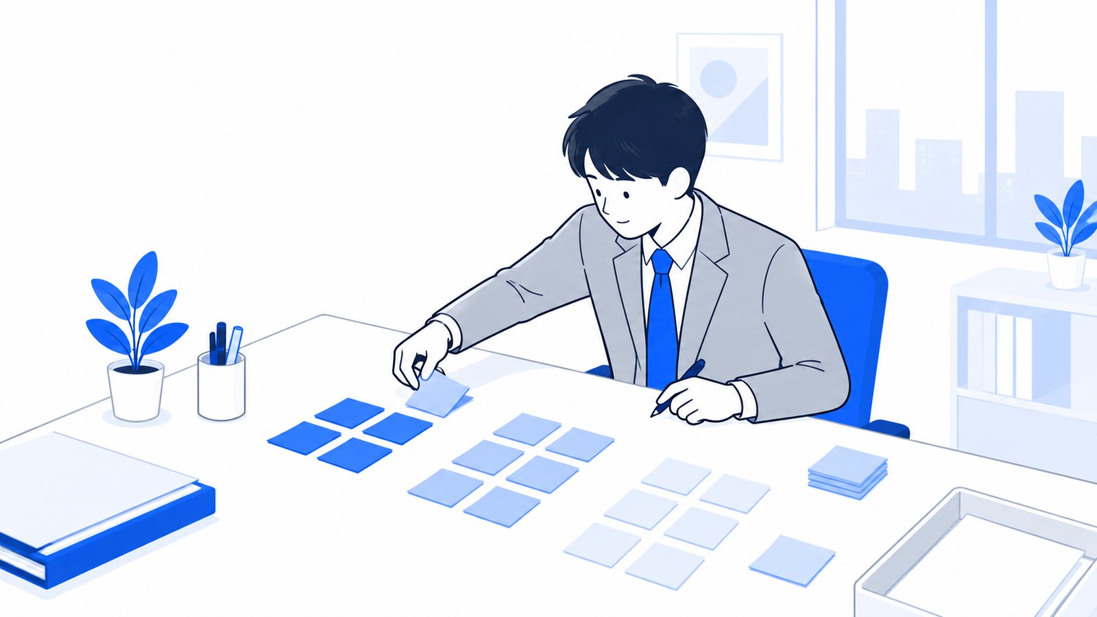 机に付箋を並べて、任せたい仕事を書き出して整理している会社員