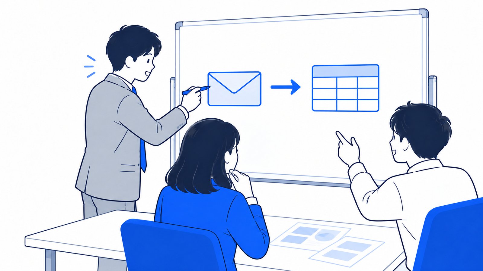 ホワイトボードにメールから表への業務の流れを書き出して相談する担当者たち