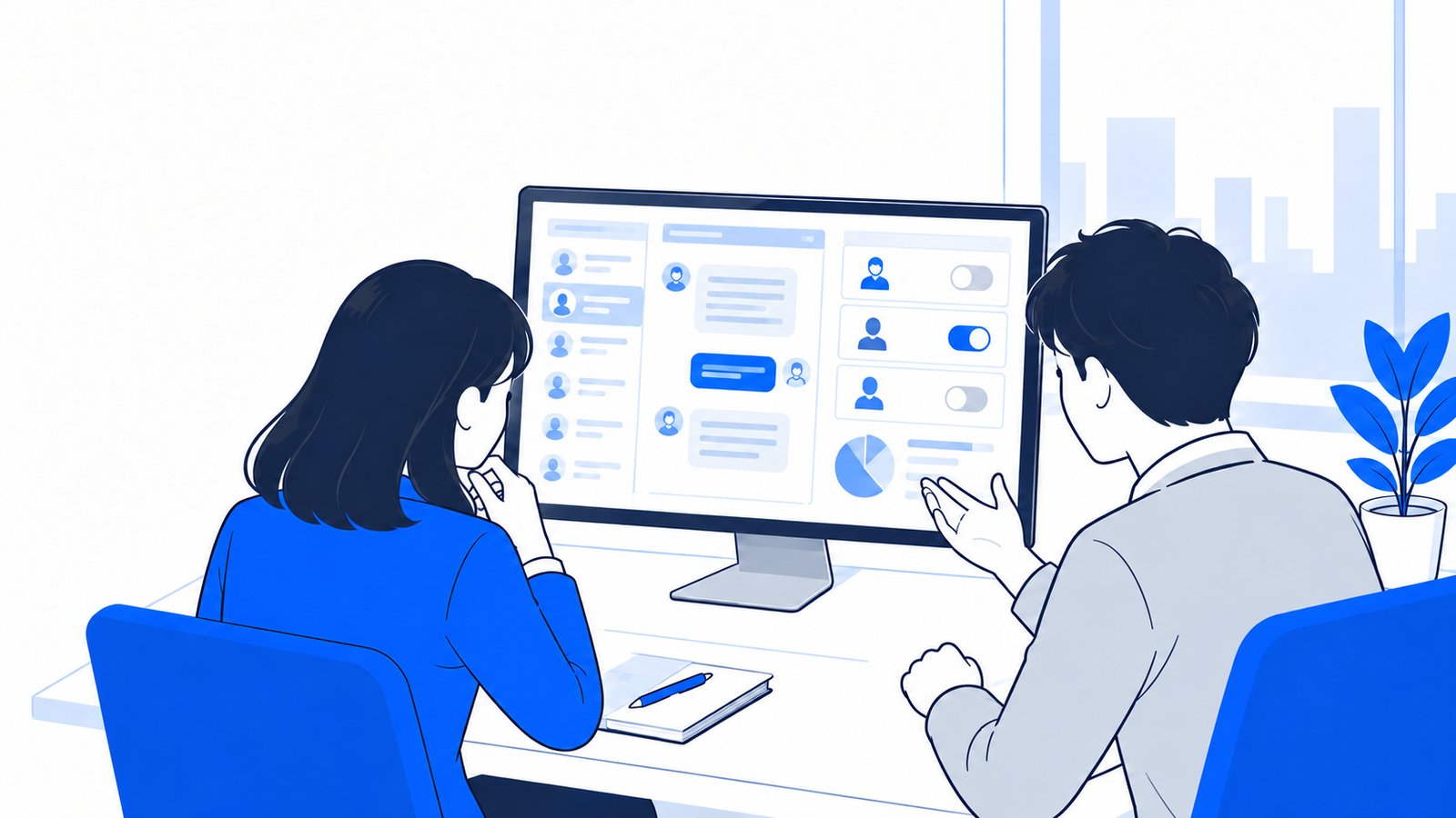 顧客対応の画面を見ながら、AIに任せる範囲を相談する営業担当と開発担当