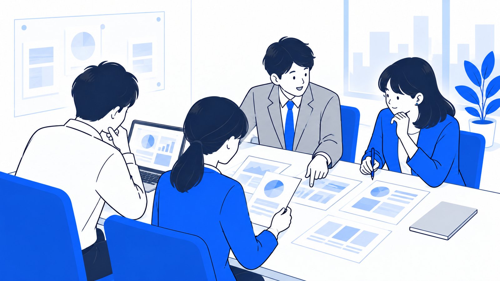 会議室のテーブルで、複数の資料を見比べながら導入するサービスを相談する担当者たち