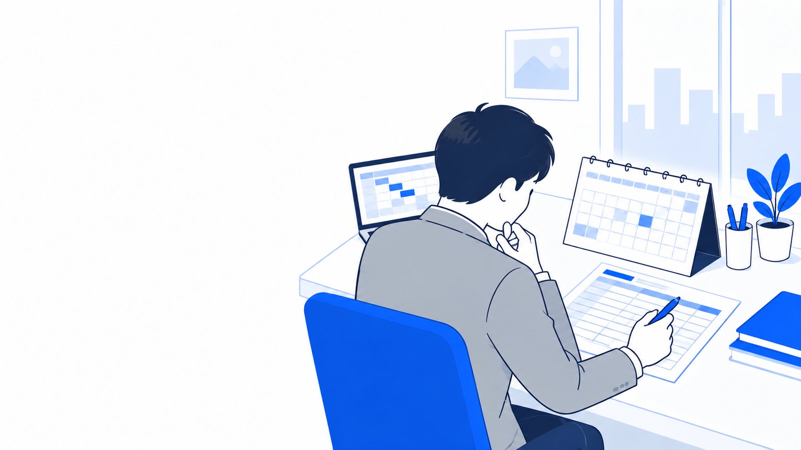カレンダーと作業時間の記録表を見ながら、試用の進め方を確認する担当者