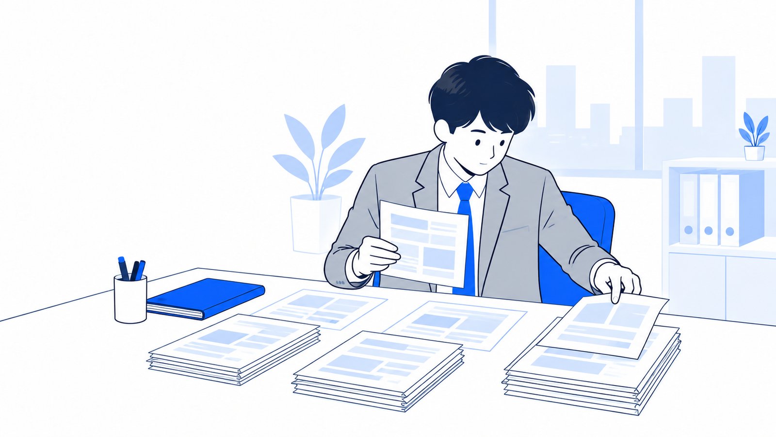 机に広げた複数の資料を見比べて、分け方を整理している会社員
