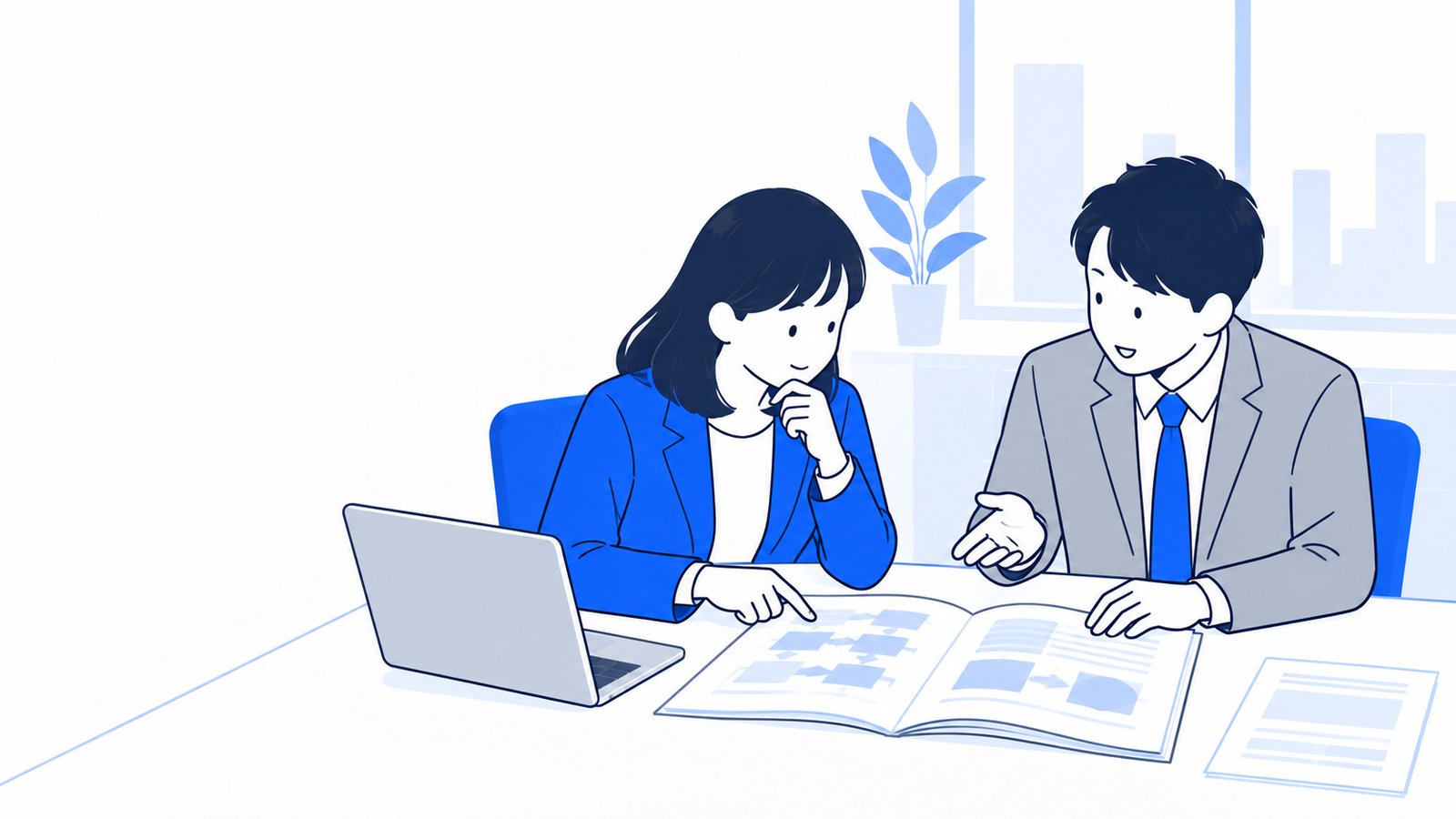 手順書を手元に置きながら、AIに任せる範囲を相談する担当者と上司