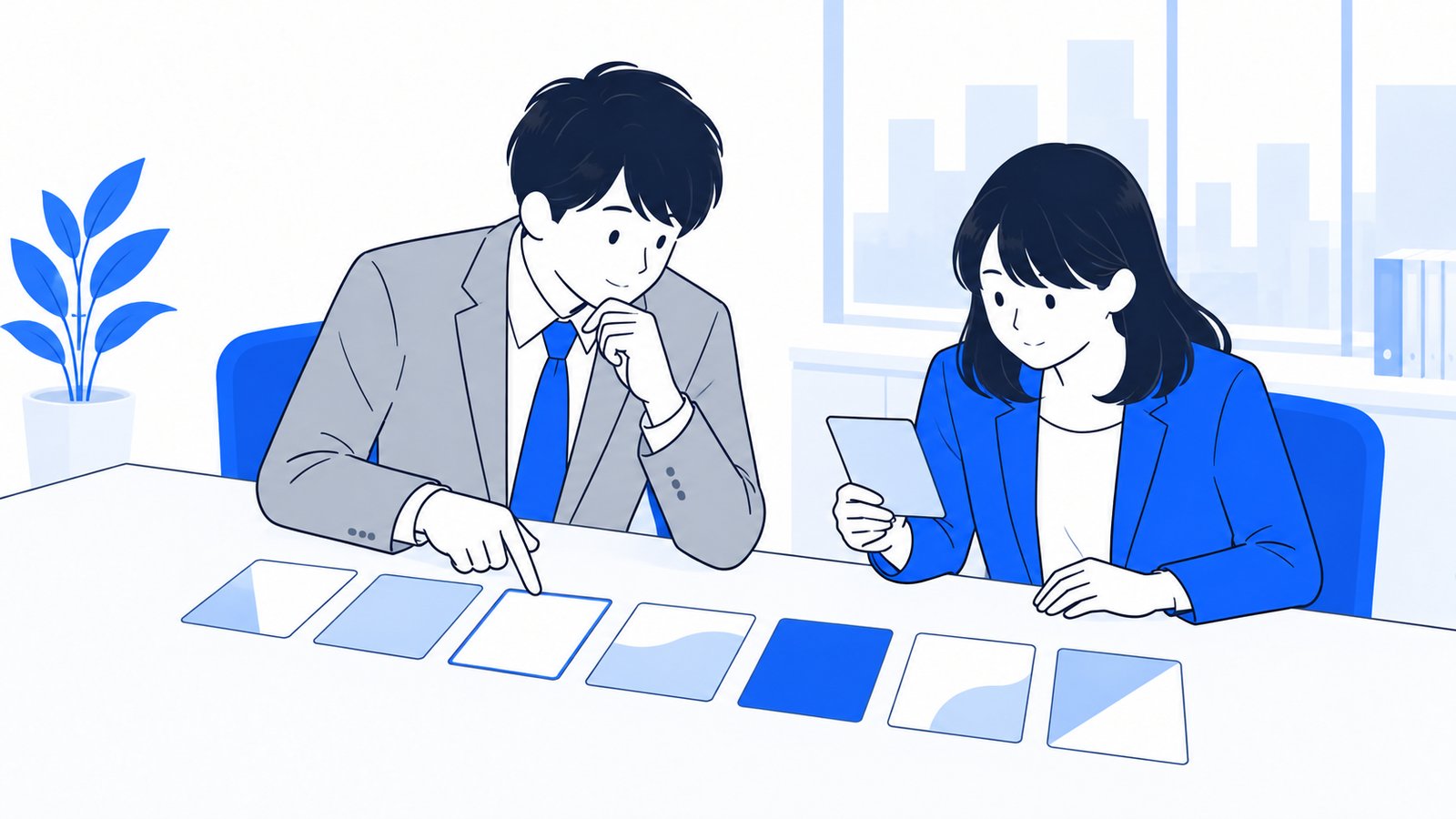 7枚のカードを机に並べて、違いを確かめている会社員