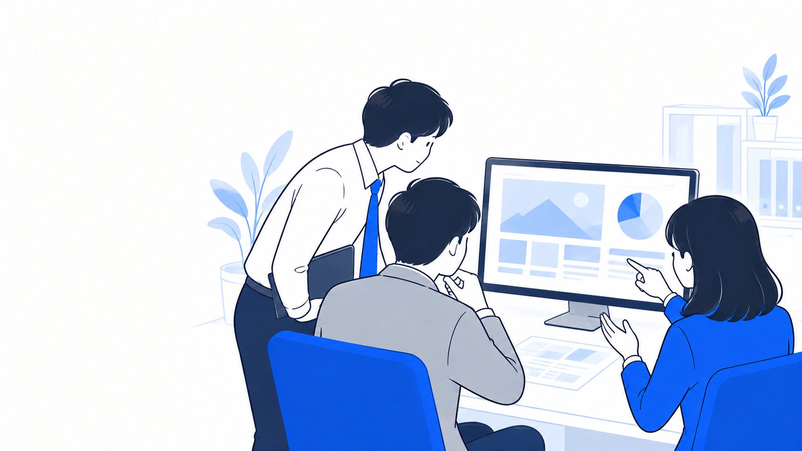 パソコン画面を同僚と一緒に見ながら、使う場面を話し合う会社員