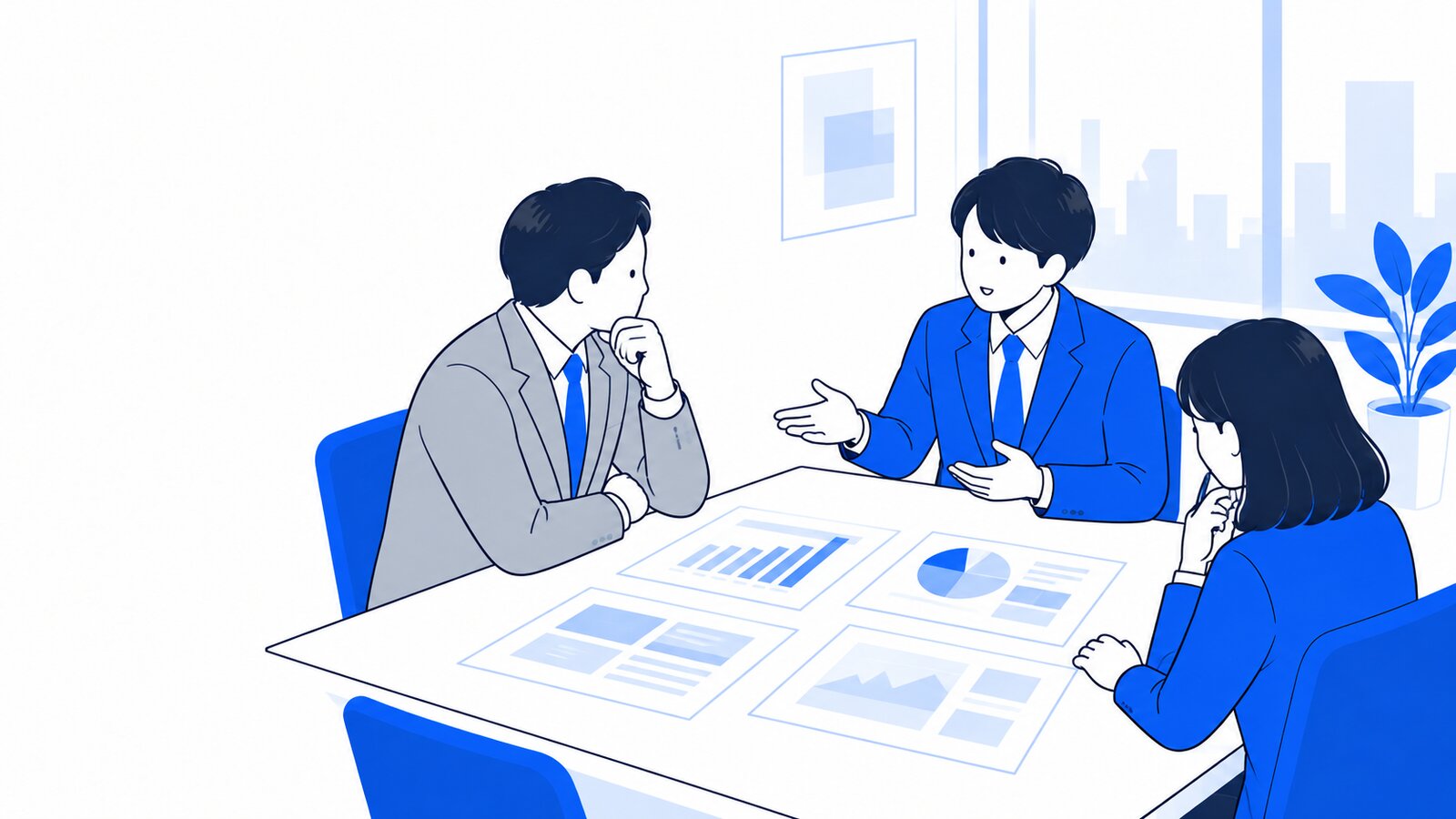 会議室で導入の良い点と心配な点を話し合う経営者と担当者