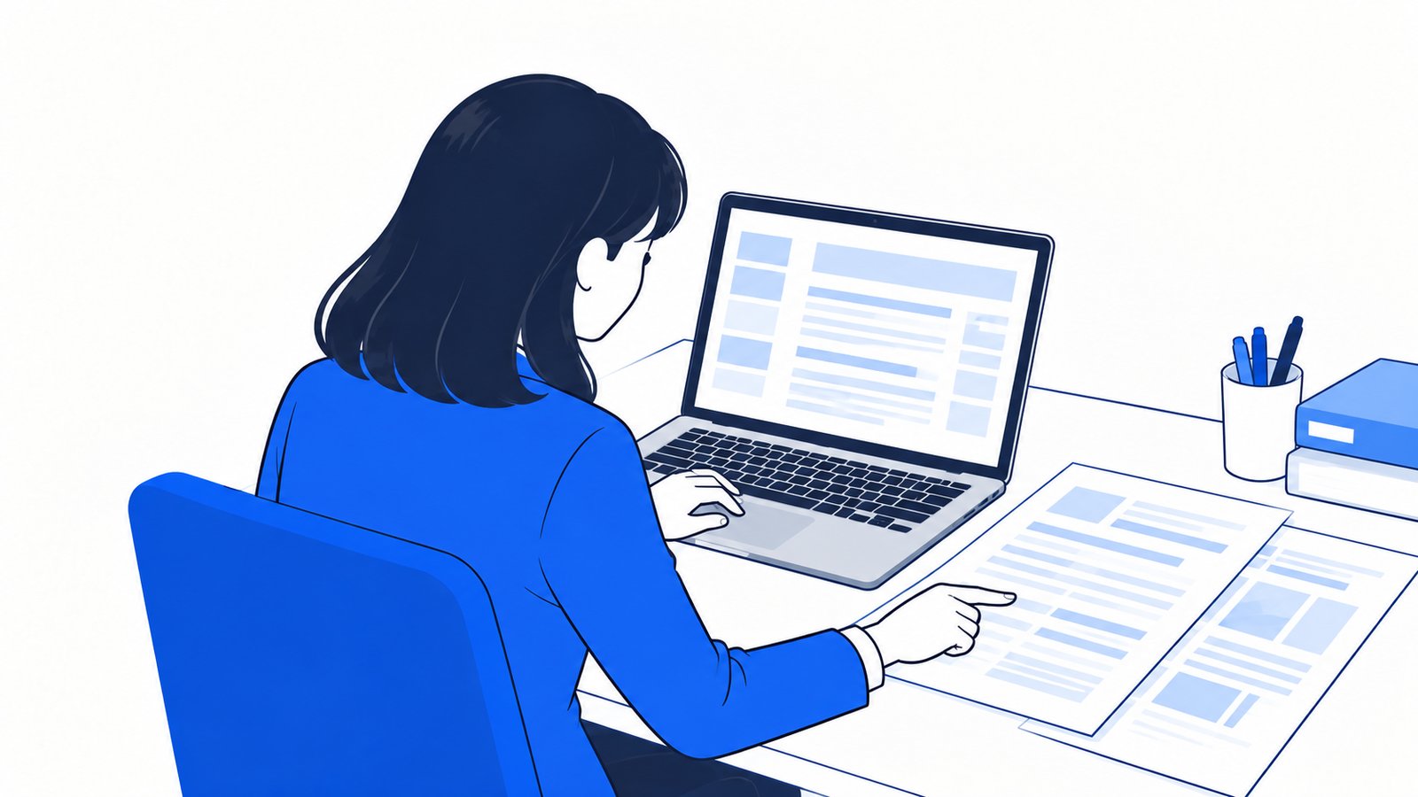 ノートPCでAIの下書きを読みながら、横に置いた資料と内容を照らし合わせる担当者