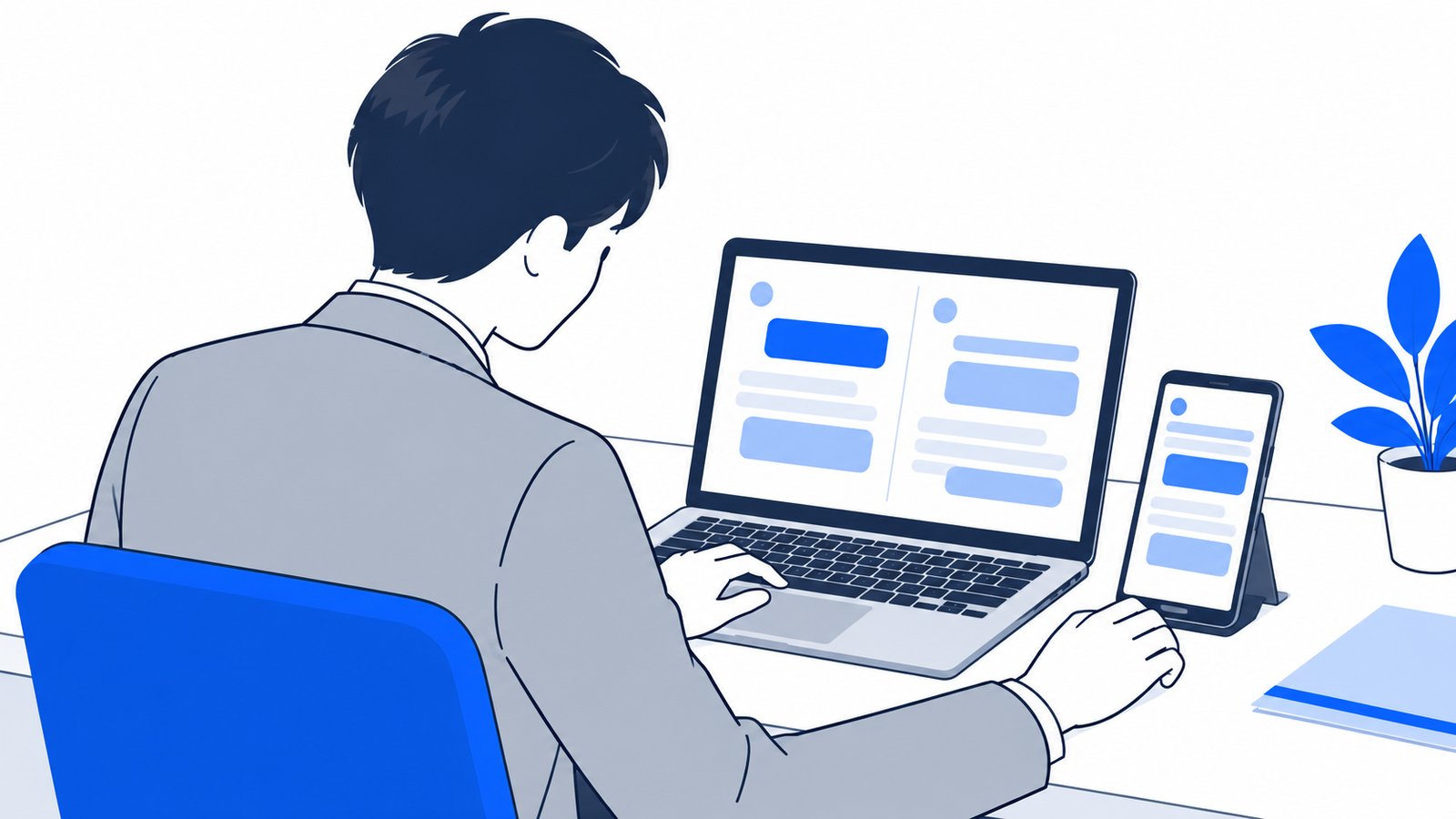 机の上でノートPCとスマホを並べ、2つのAIの回答を見比べる担当者