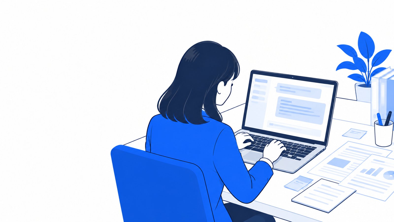 社内の資料とメモを机に広げ、ノートPCでAIに下書きを頼んでいる担当者
