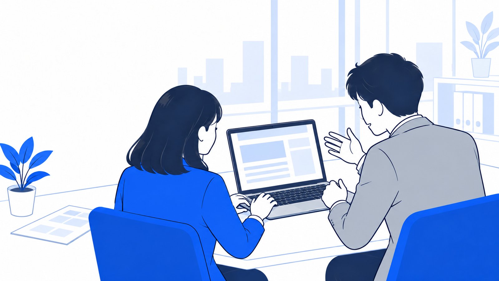 ノートPCの原稿を読みながら、隣の同僚に現場の経験を聞いて書き足す担当者