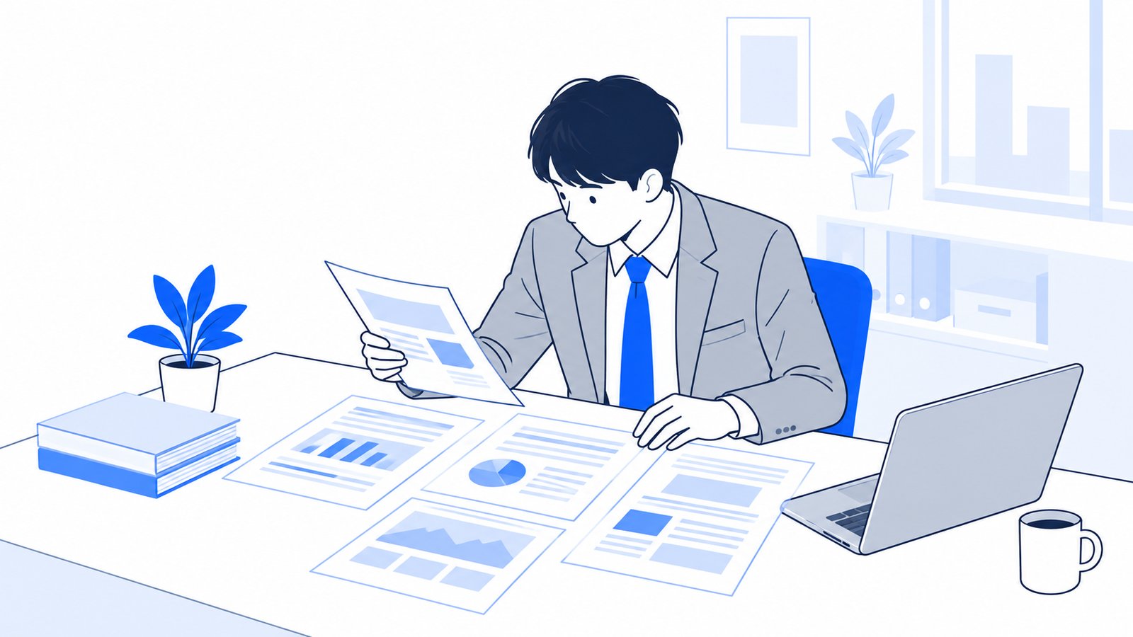 机に資料を広げ、業務効率化の事例を読み比べる会社員