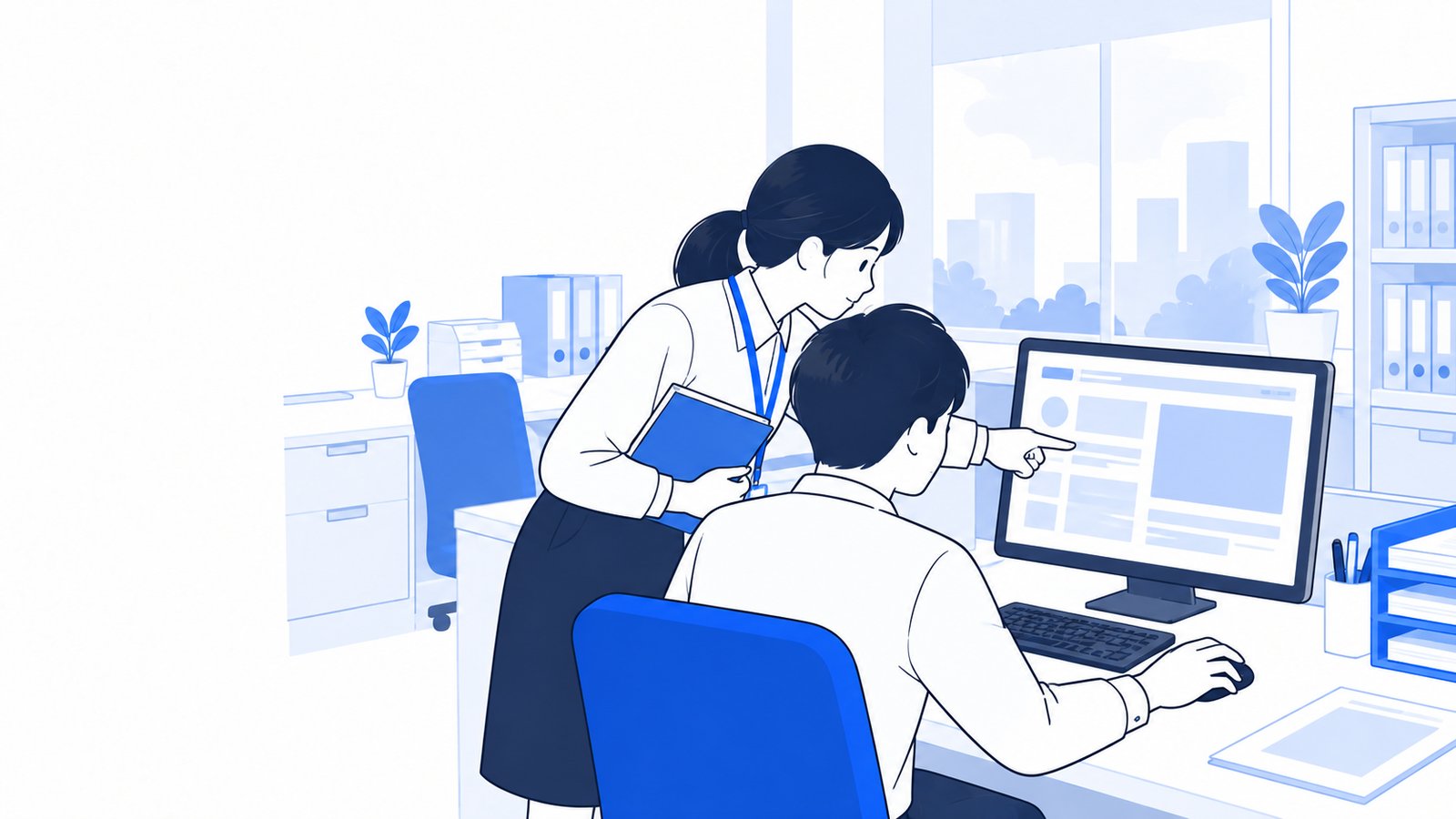 庁舎のオフィスで、職員が同僚のPC画面を見ながら使い方を相談している