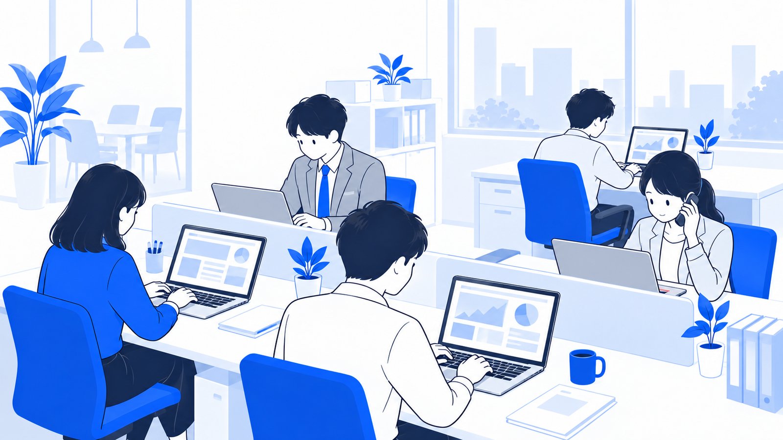 複数の部署の担当者が、それぞれのPCで作業している様子