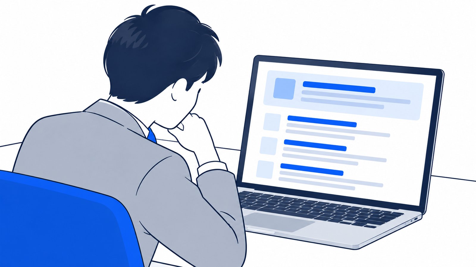 検索結果の上に出たAIの回答と下に並ぶリンクを、ノートPCで見比べる担当者