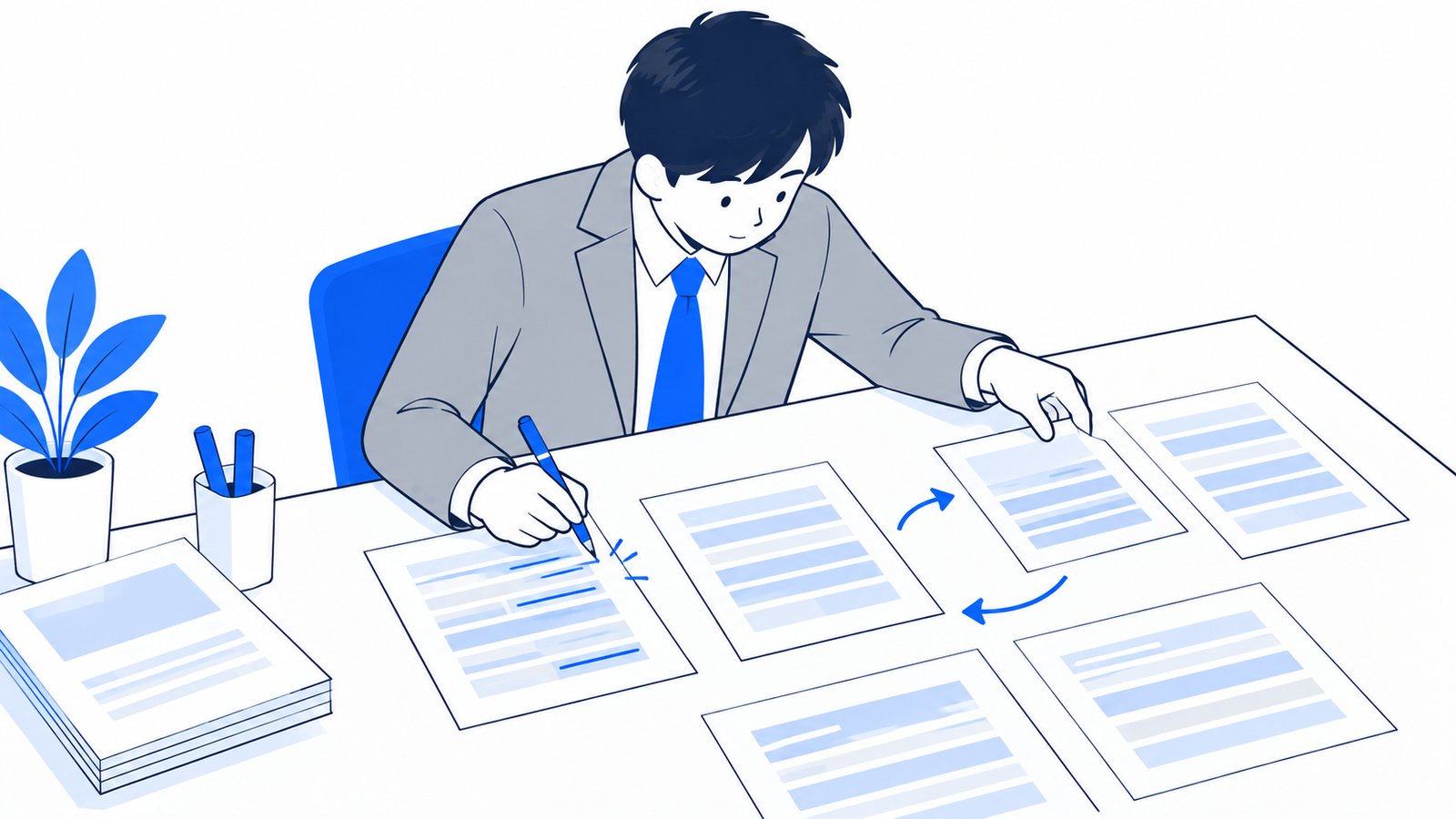 印刷したページに赤ペンで書き込みながら、文章の順番を入れ替える担当者