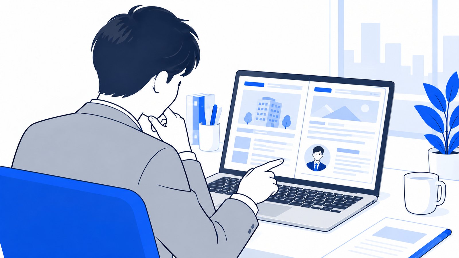 ノートPCで会社概要ページと記事の著者欄を並べて開き、内容を照らし合わせる担当者