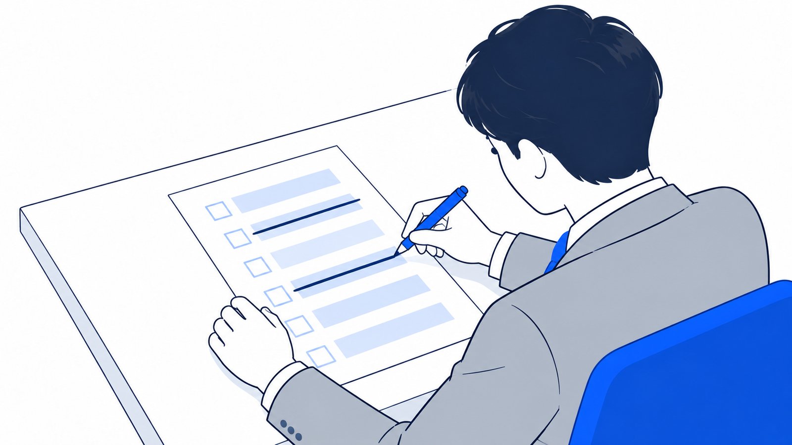 机の上の作業リストから不要な項目を線で消している担当者