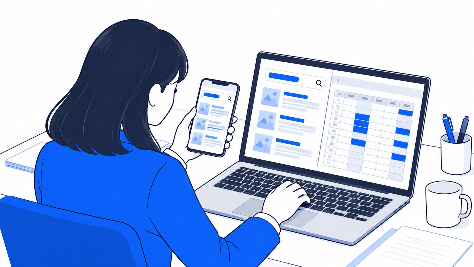 スマホとノートPCで同じ言葉を検索し、結果を表計算ソフトの表に記録する担当者