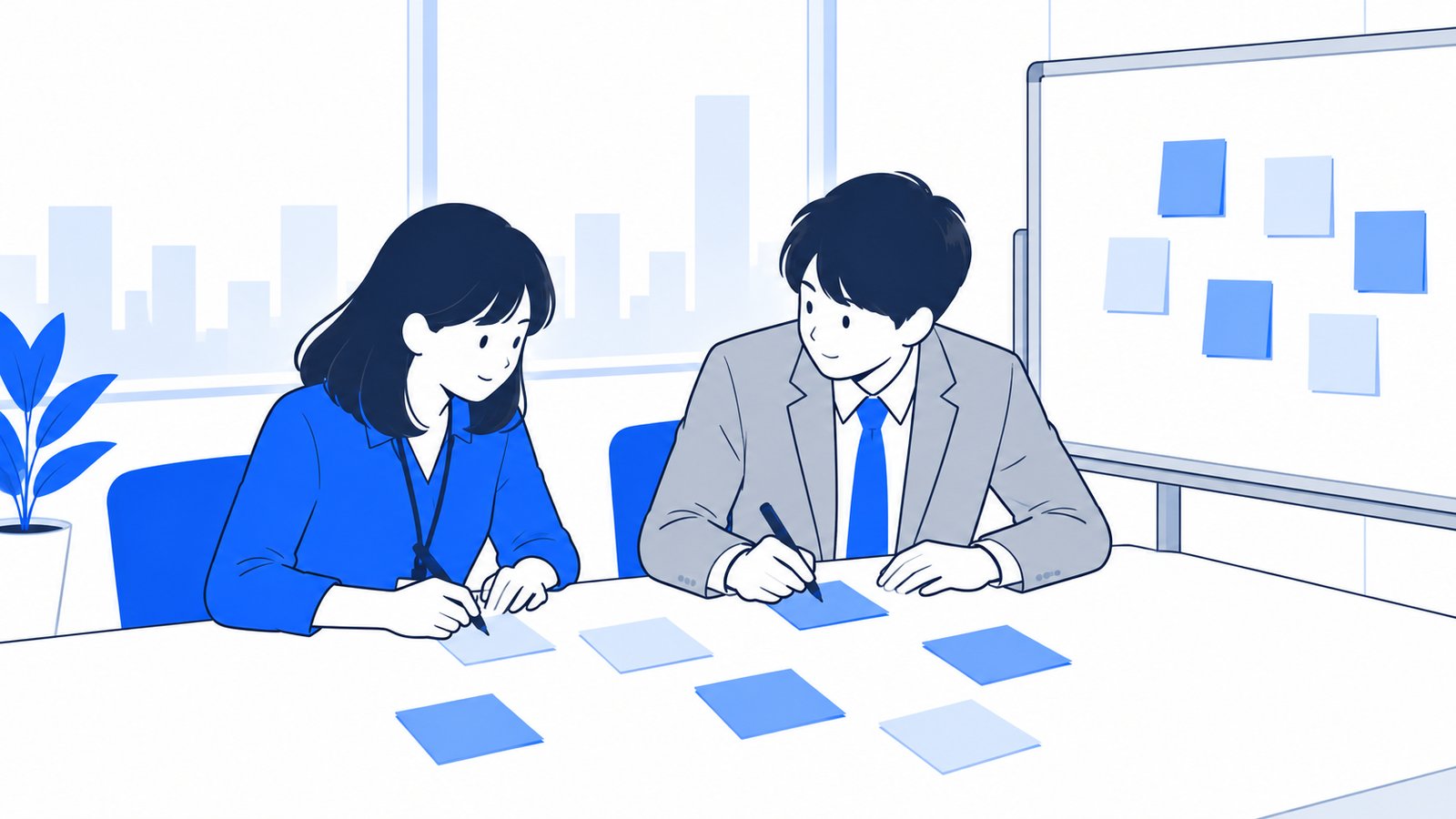会議室で担当者と営業担当が、記事にしたいお客様の質問を付せんに書き出している