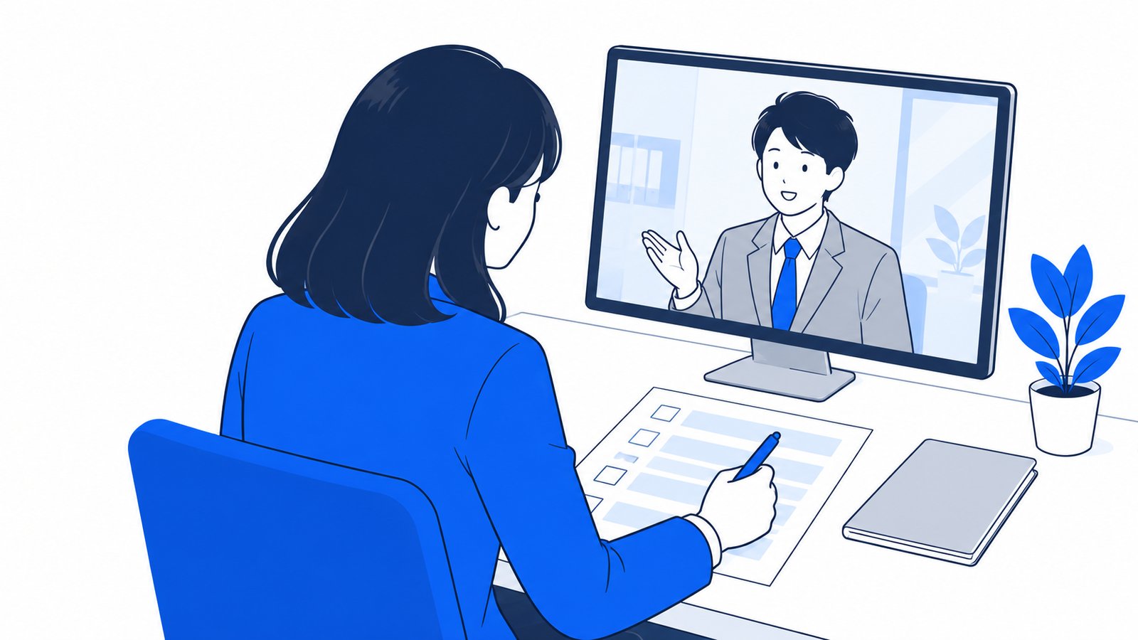 オンライン会議で代行会社の担当者に質問しながら、手元の質問リストに答えを書き込む担当者