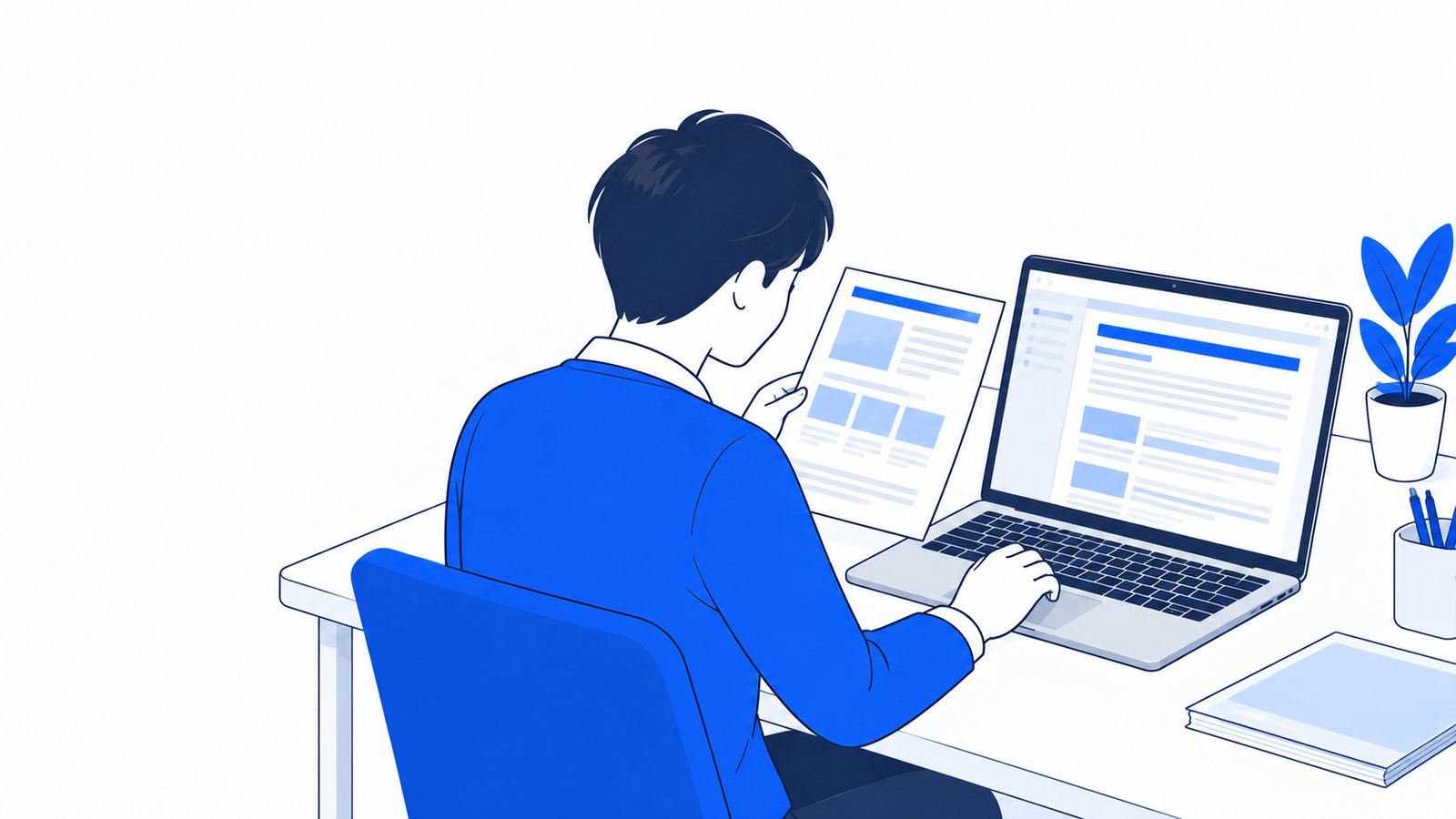 代行会社の提案資料を読みながら、ノートPCでGoogleの公式ガイドと内容を照らし合わせる担当者