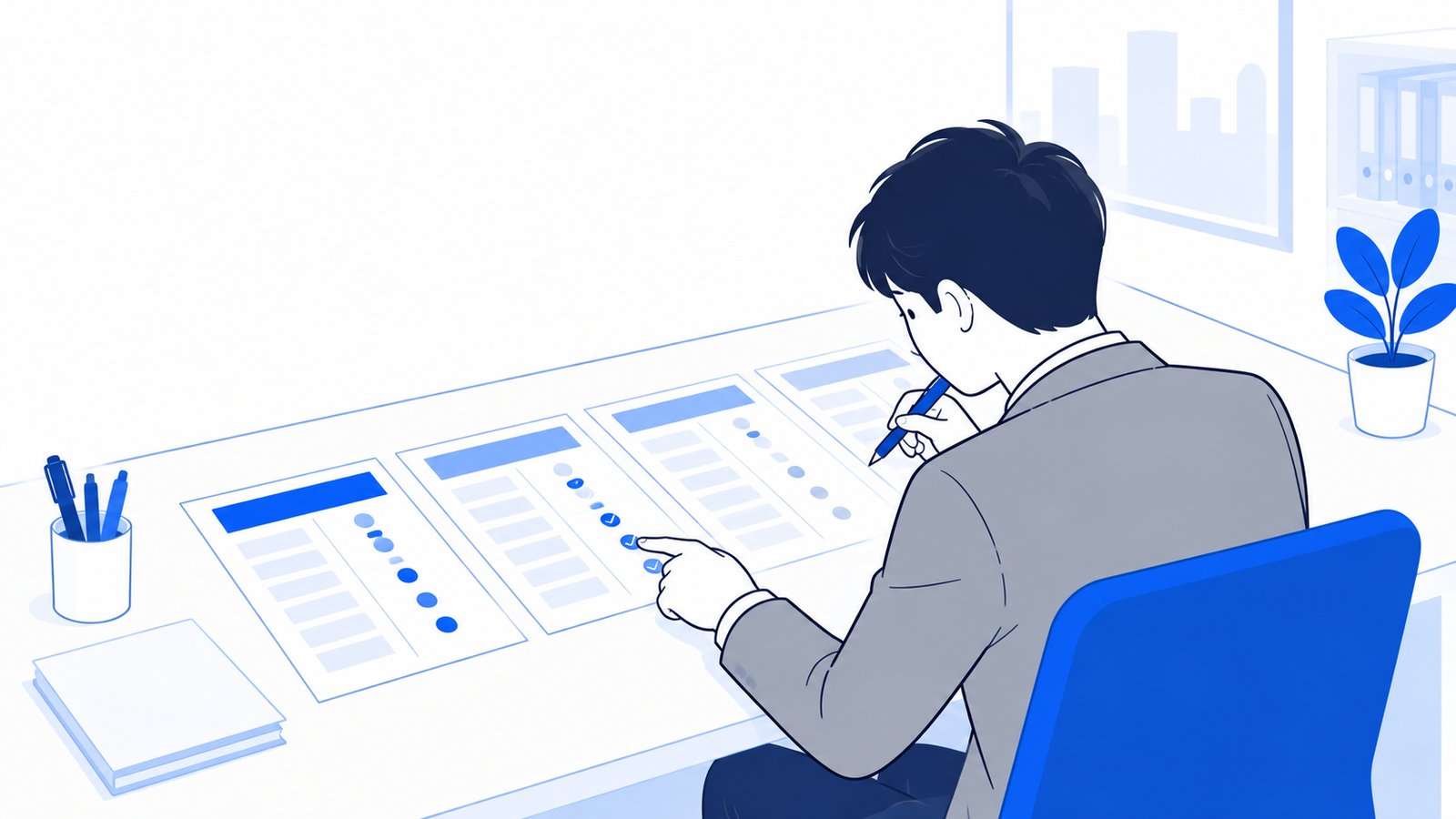 机に料金表を並べて、プランの違いを見比べる担当者