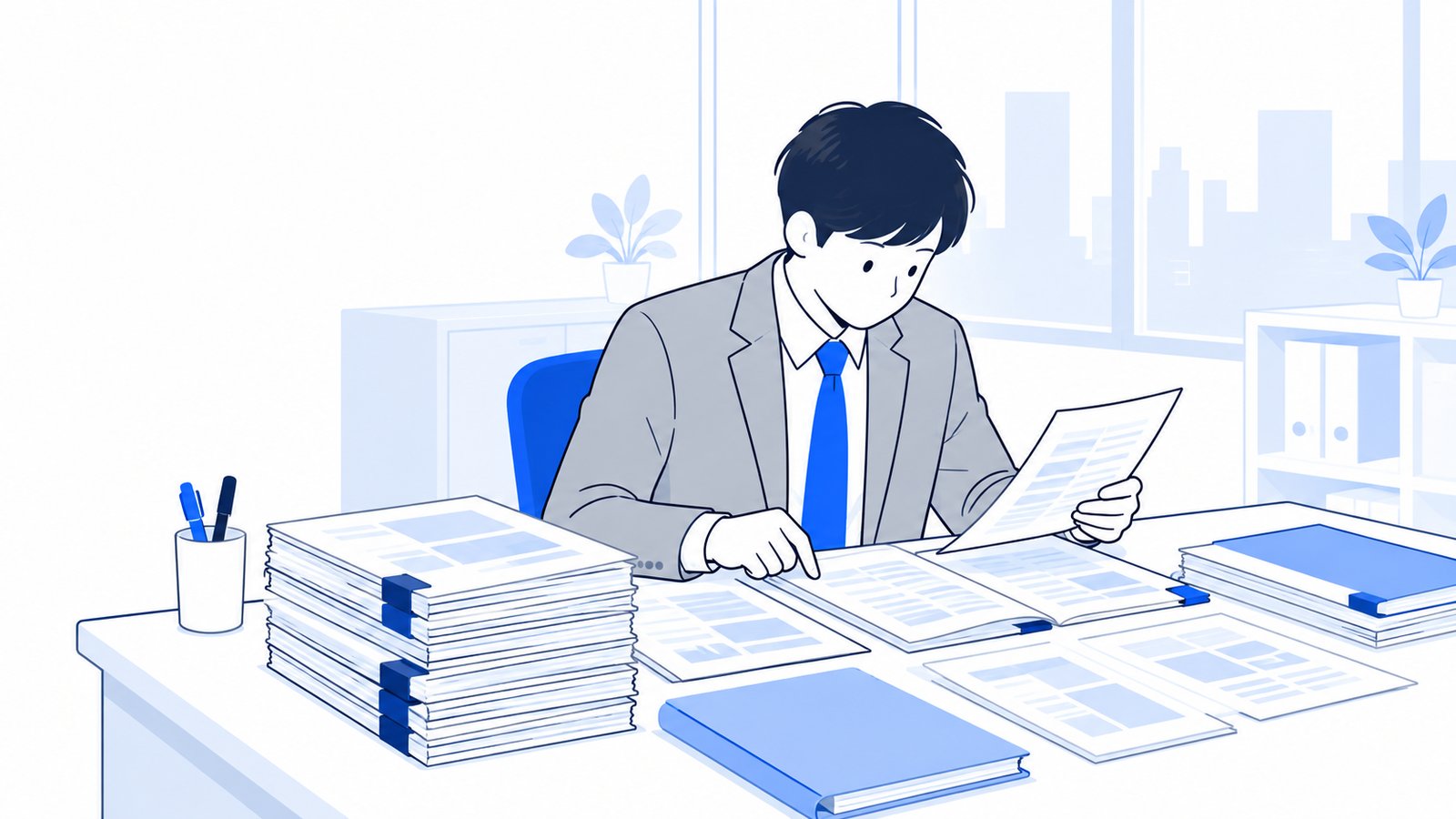 厚い資料の束を机に広げて、要点を確認する会社員