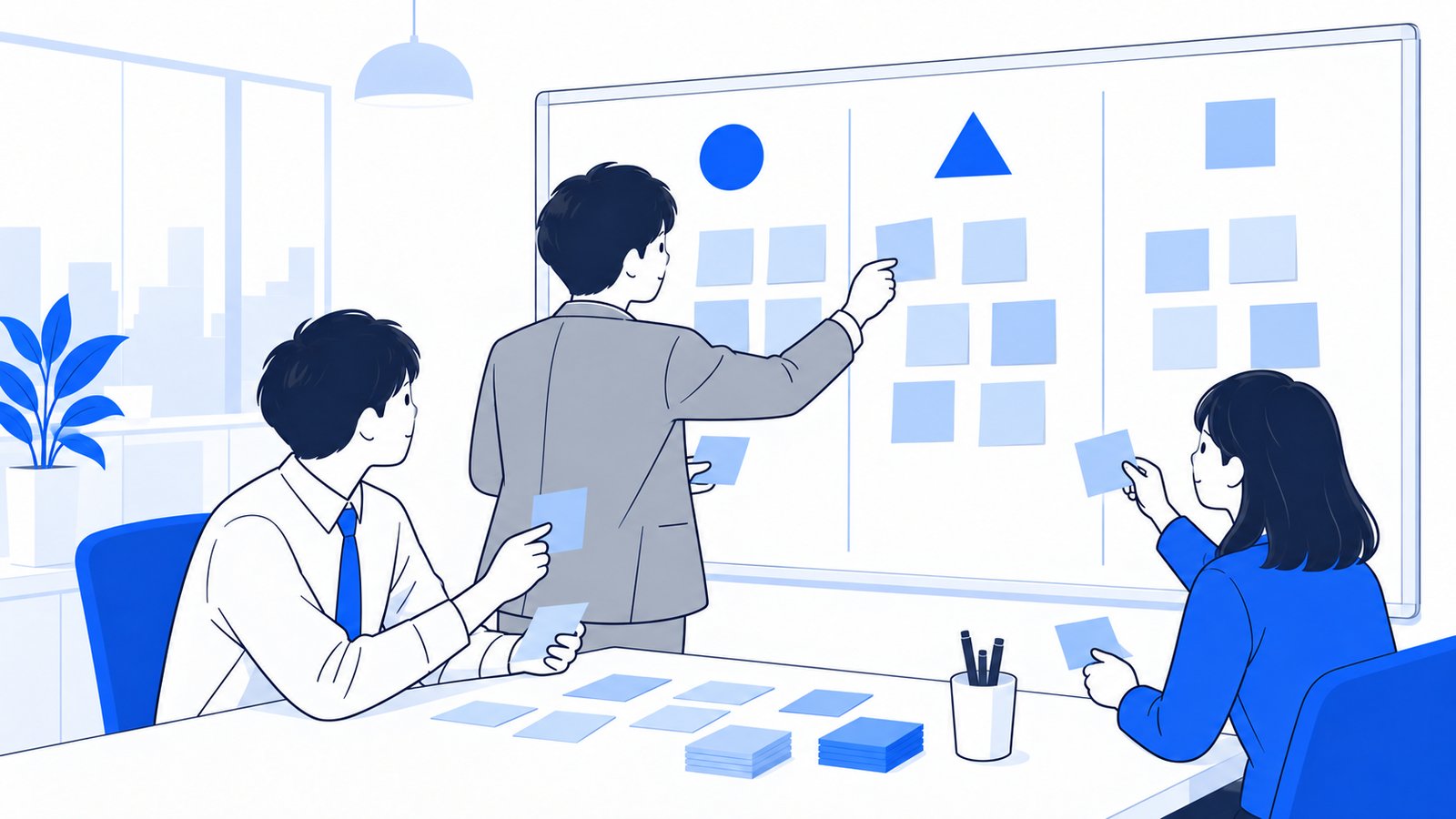 付箋に仕事の種類を書いて、AIごとに仕分けしている会社員