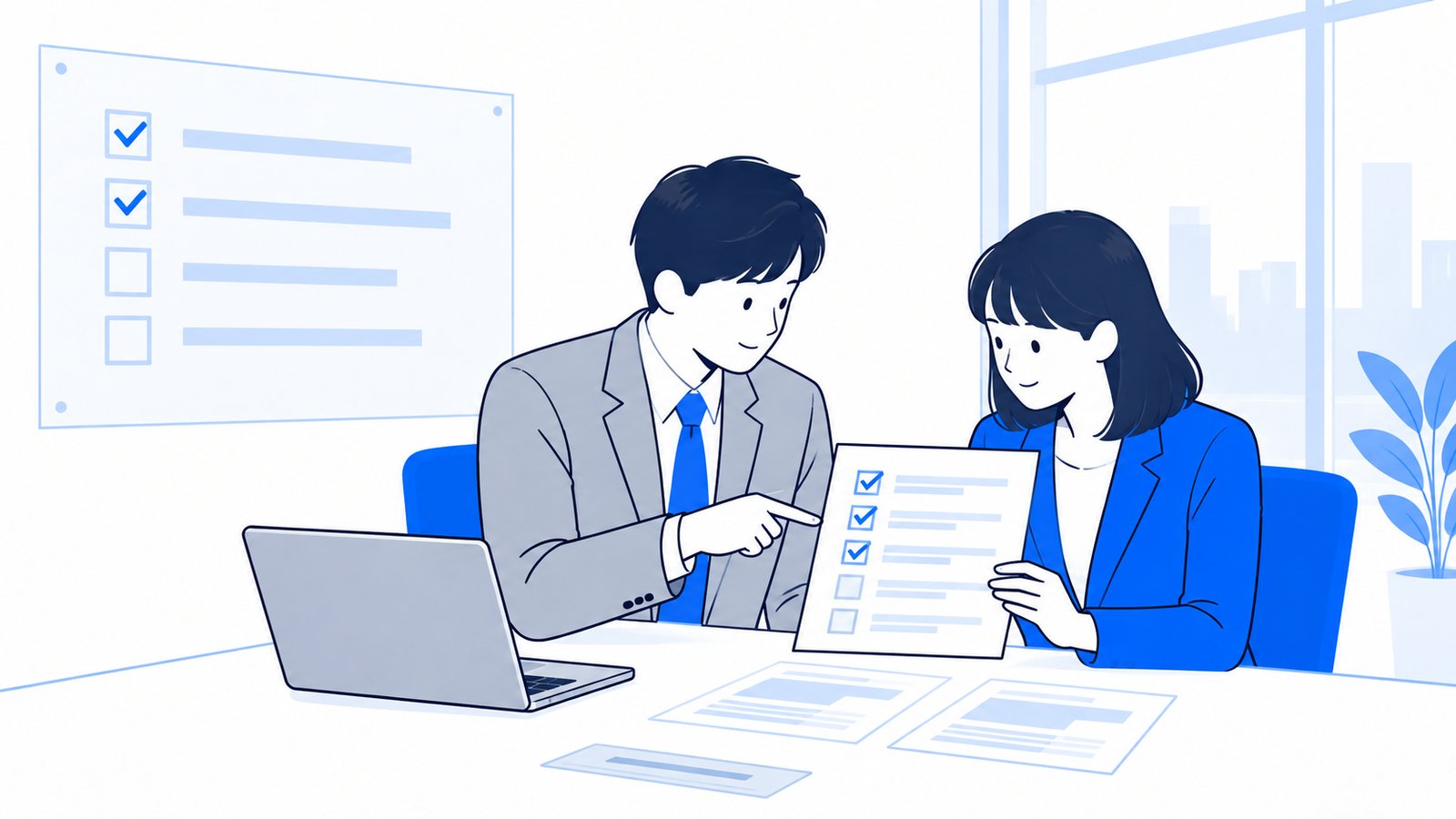 会議室でルールの一覧を確認しながら話し合う担当者と上司