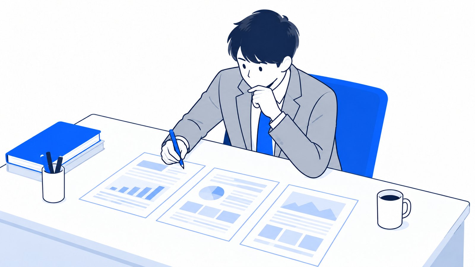 机の上で3枚の資料を並べて見比べ、メモを取る会社員