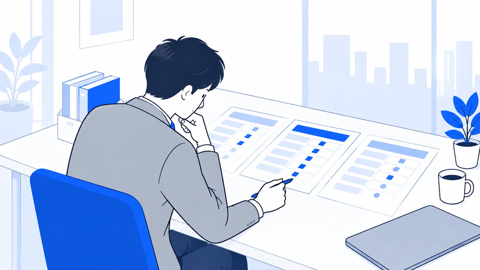 机に料金表を並べて、プランの違いを見比べる担当者