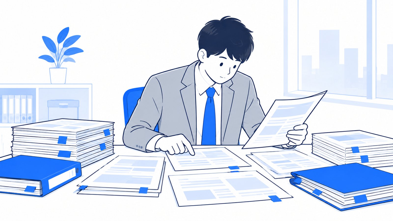 厚い資料の束を机に広げて、要点を確認する会社員