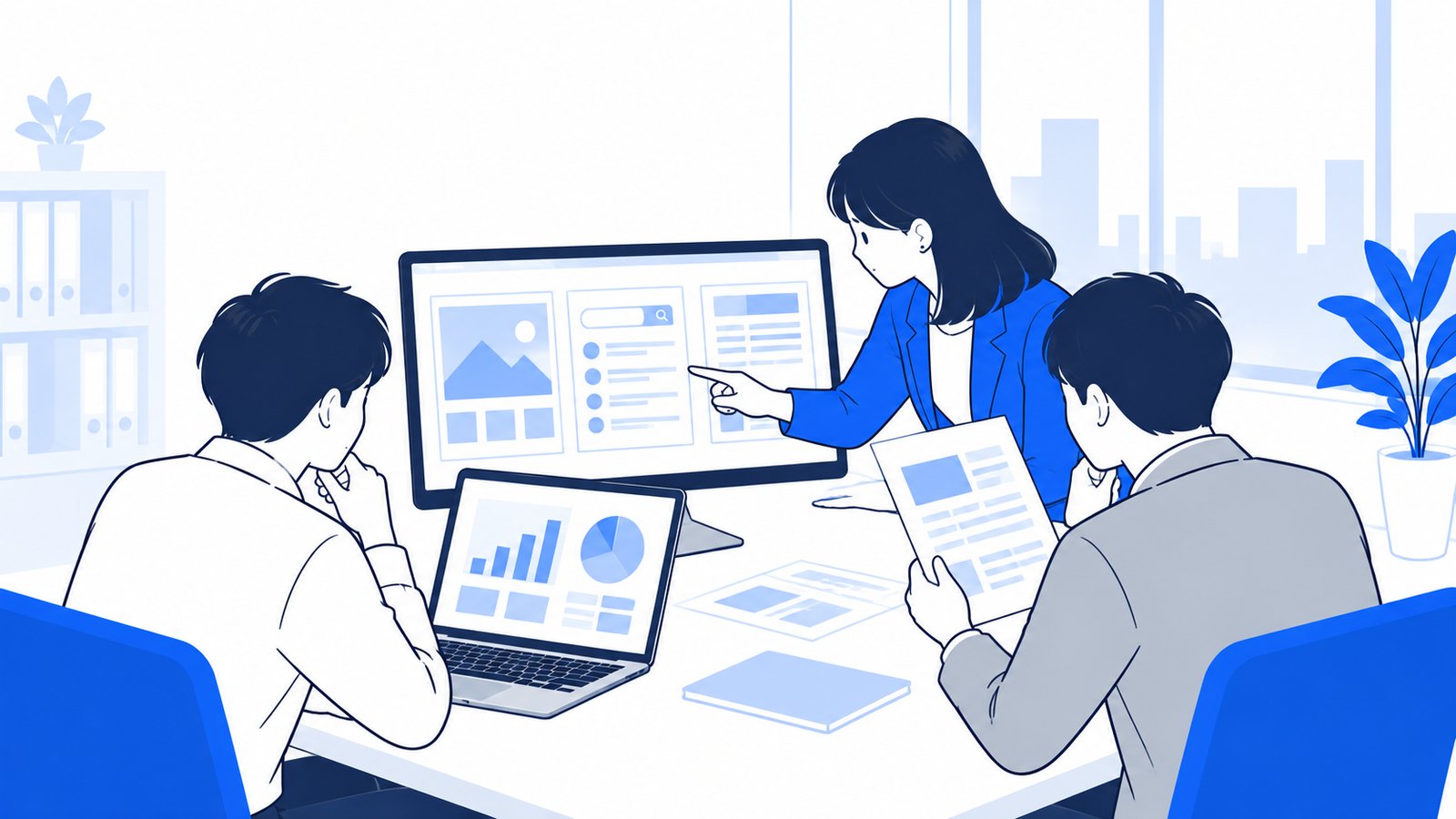 画像・調べもの・資料の画面を見比べながら確認する会社員