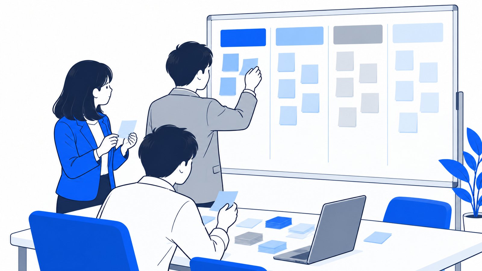付箋に仕事の種類を書いて、AIごとに仕分けしている会社員