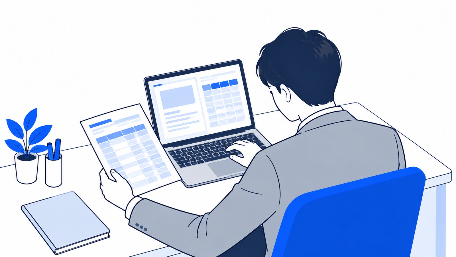 ノートPCに表示された文書と表を見比べながら作業を進める会社員