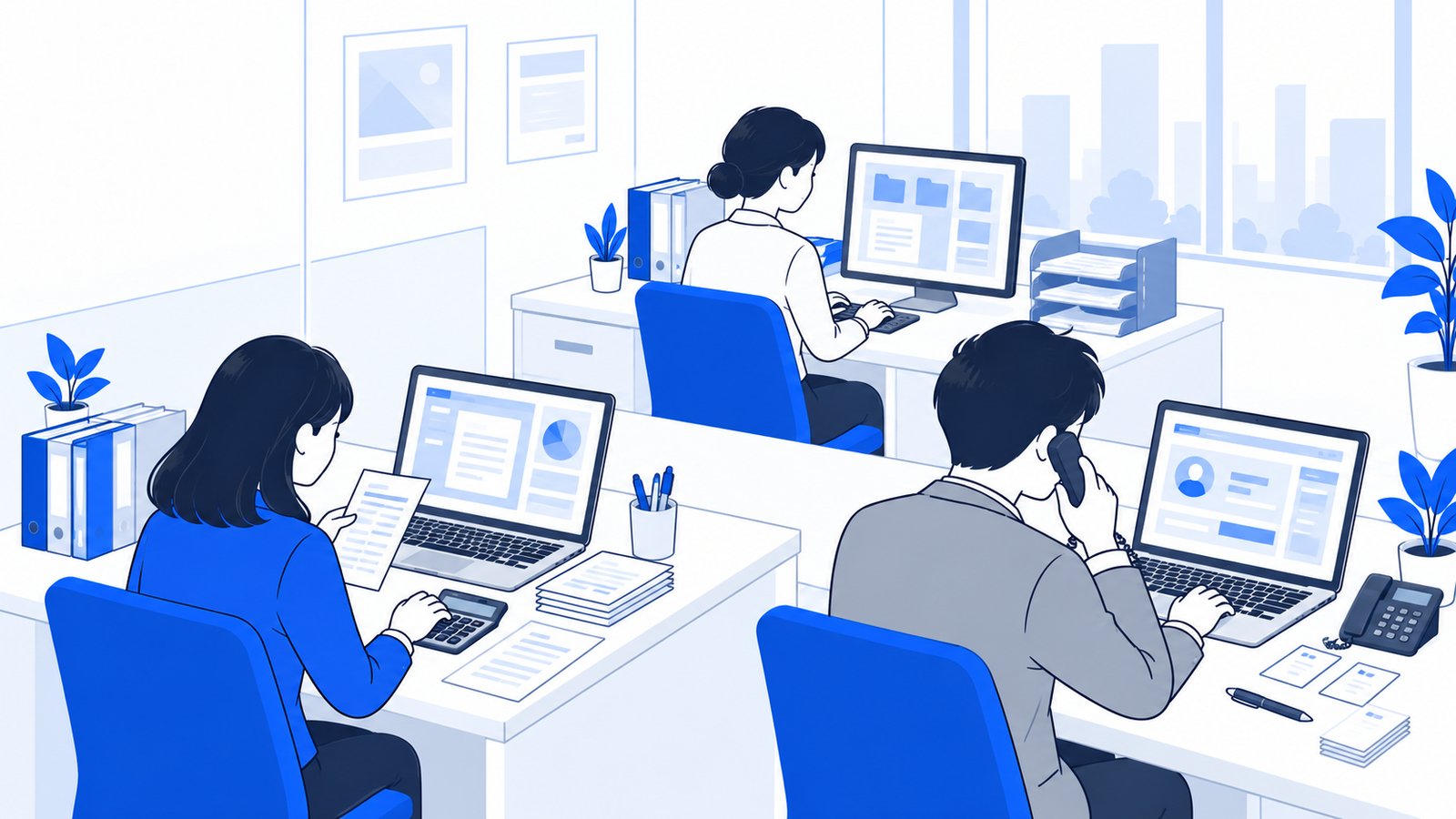 経理・営業・総務の担当者がそれぞれのPCで作業している様子