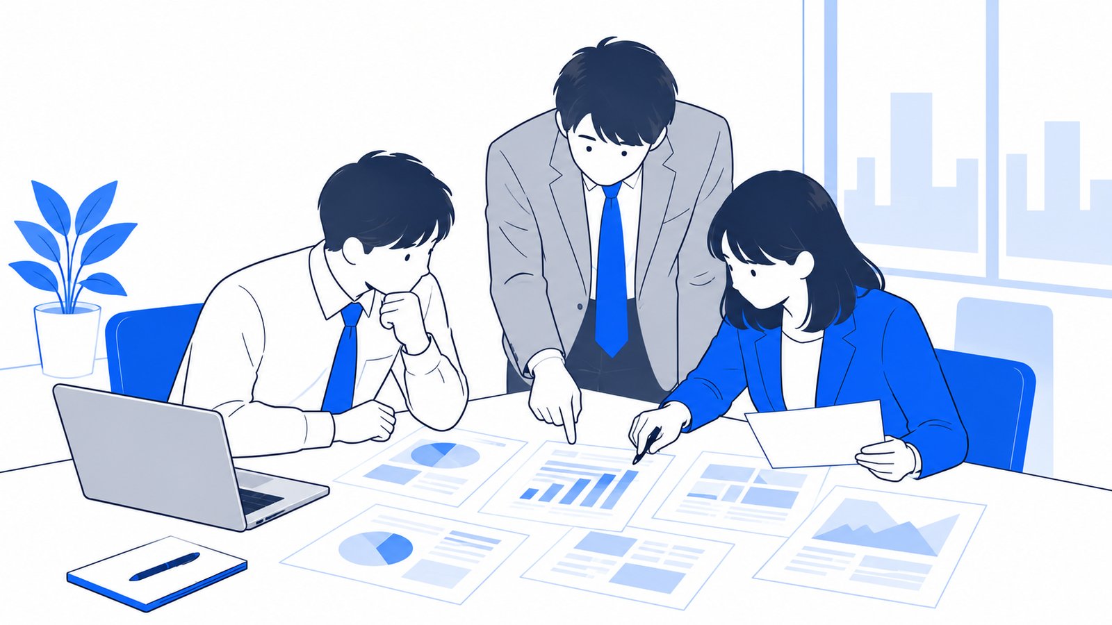 机に資料を広げて、報告書の数字を読み比べる会社員