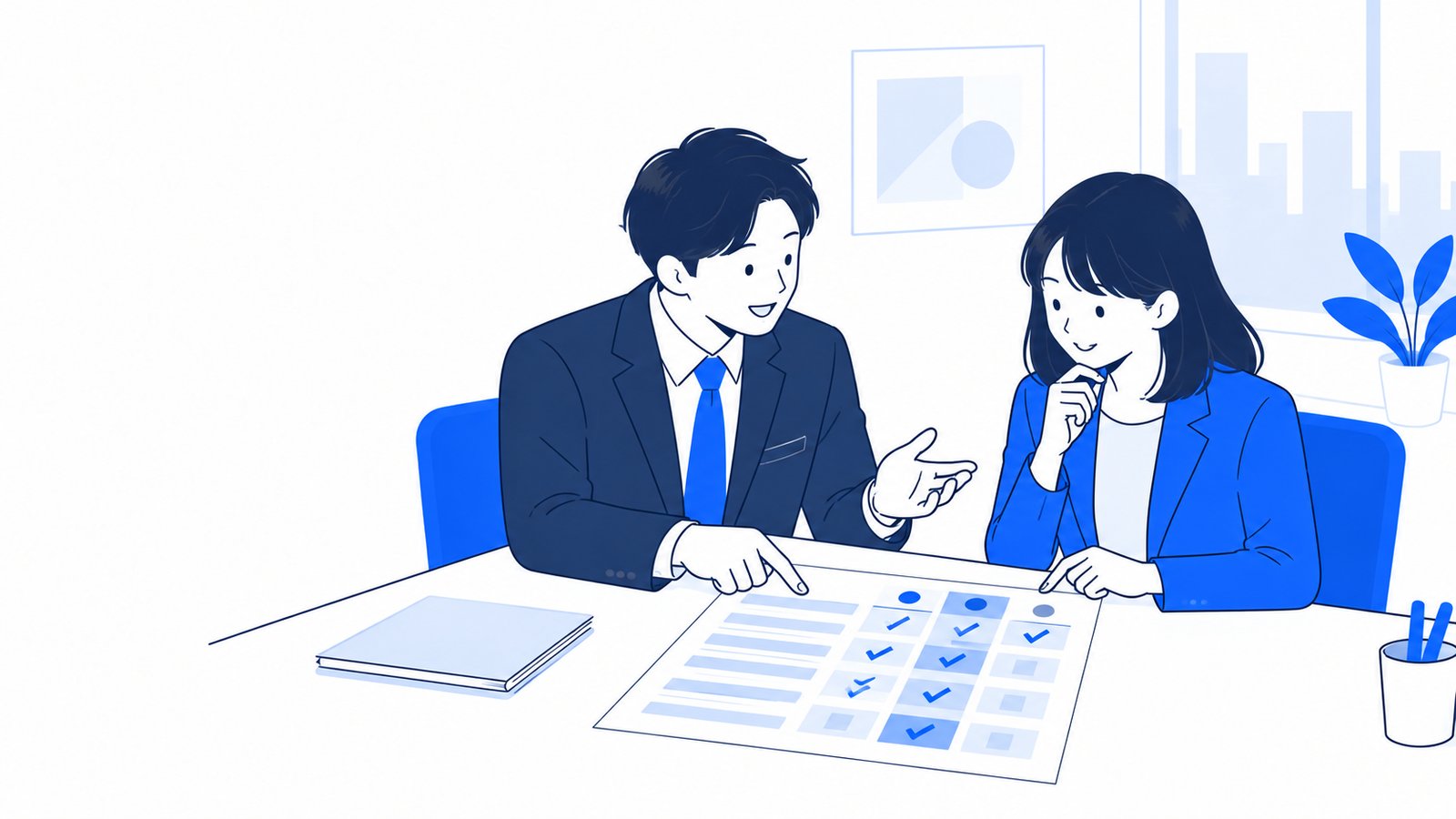 経営者と担当者が、プランの料金表を見ながら相談している