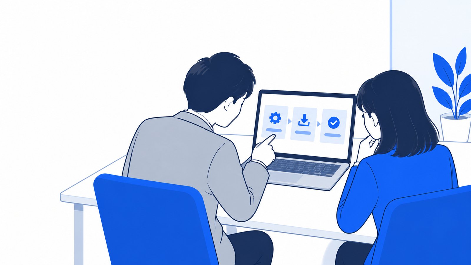 小さな会議室で、担当者が導入の手順をノートPCの画面で確認している
