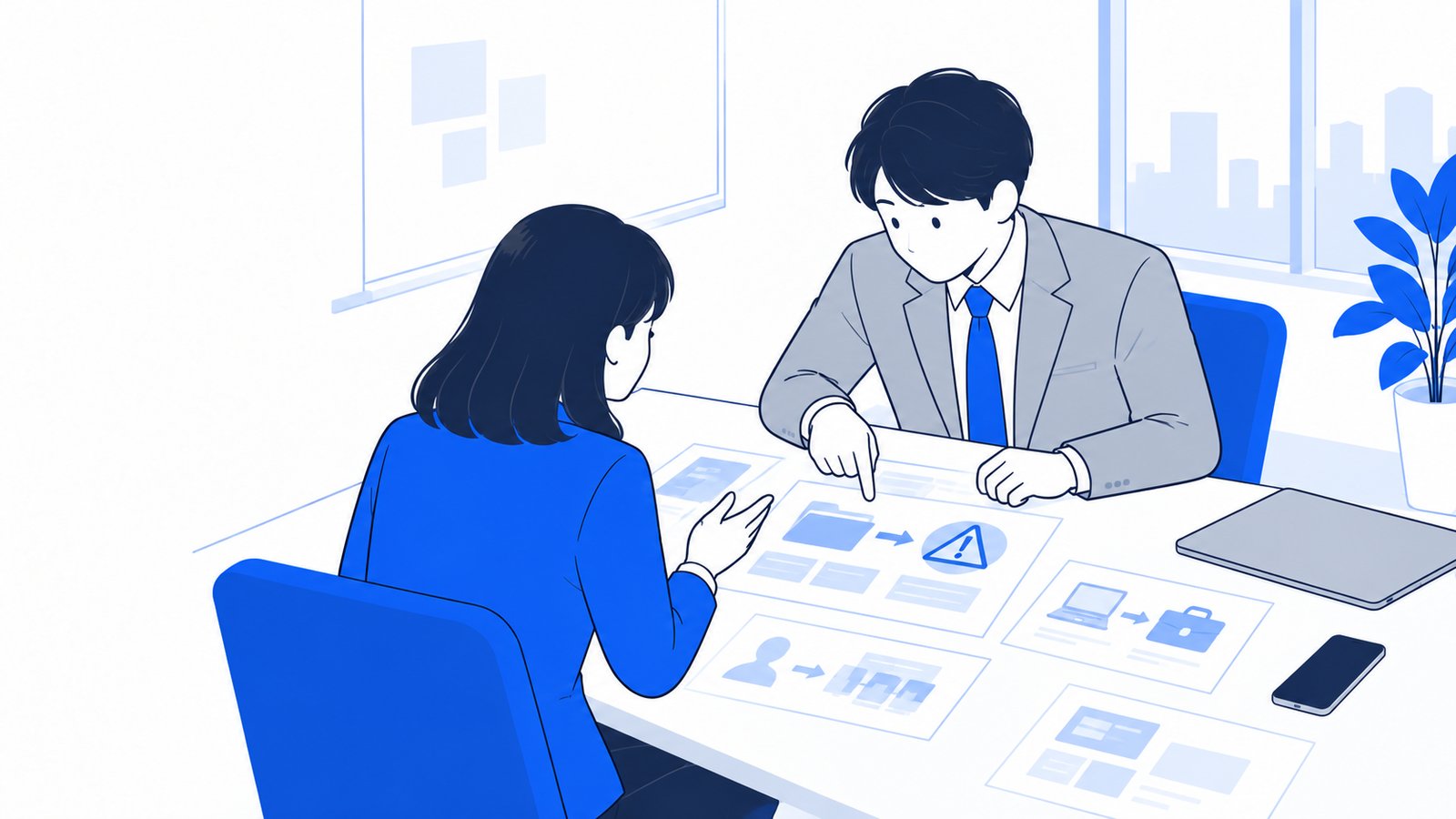 会議室で、情報の持ち出しのリスクについて上司と担当者が資料を見ながら話し合っている場面