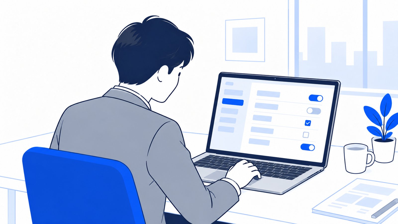 ノートPCでChatGPTの設定画面を開き、データの扱いの項目を確かめる会社員