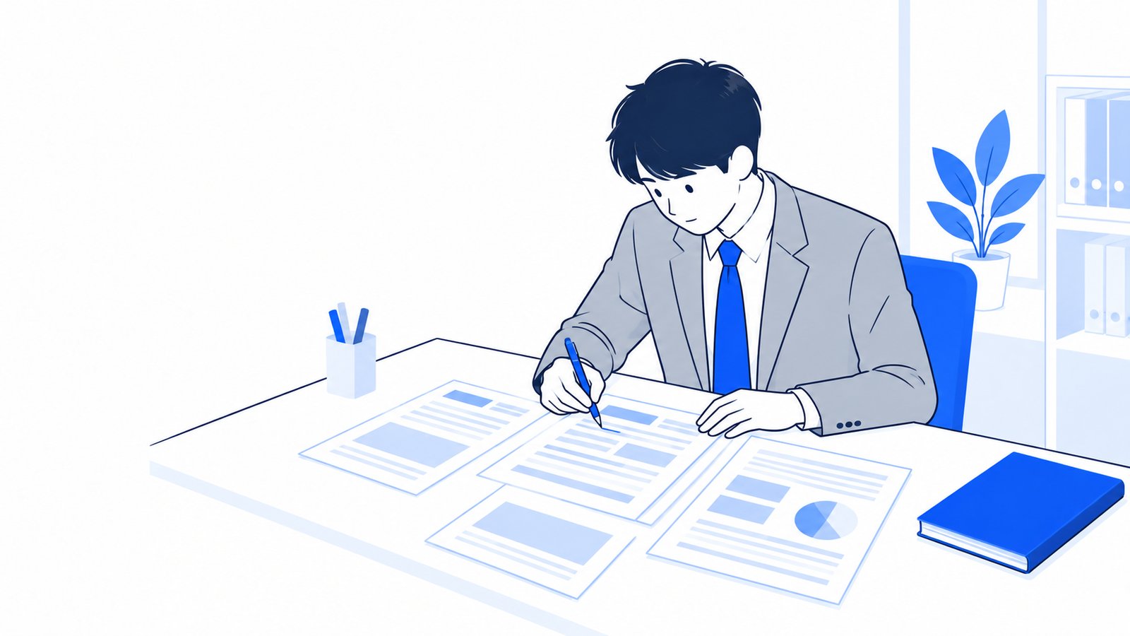 机の上に広げたガイドラインの資料を読んで、要点にペンで印をつける担当者