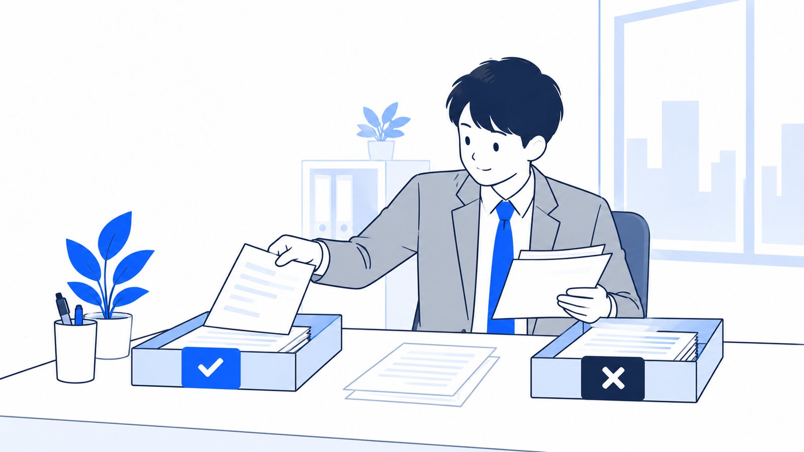 机の上の書類を、入力してよいものと入力しないものに仕分けている担当者