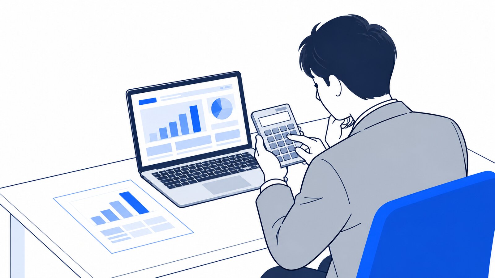 電卓を手に、APIの利用料金を試算する経営者