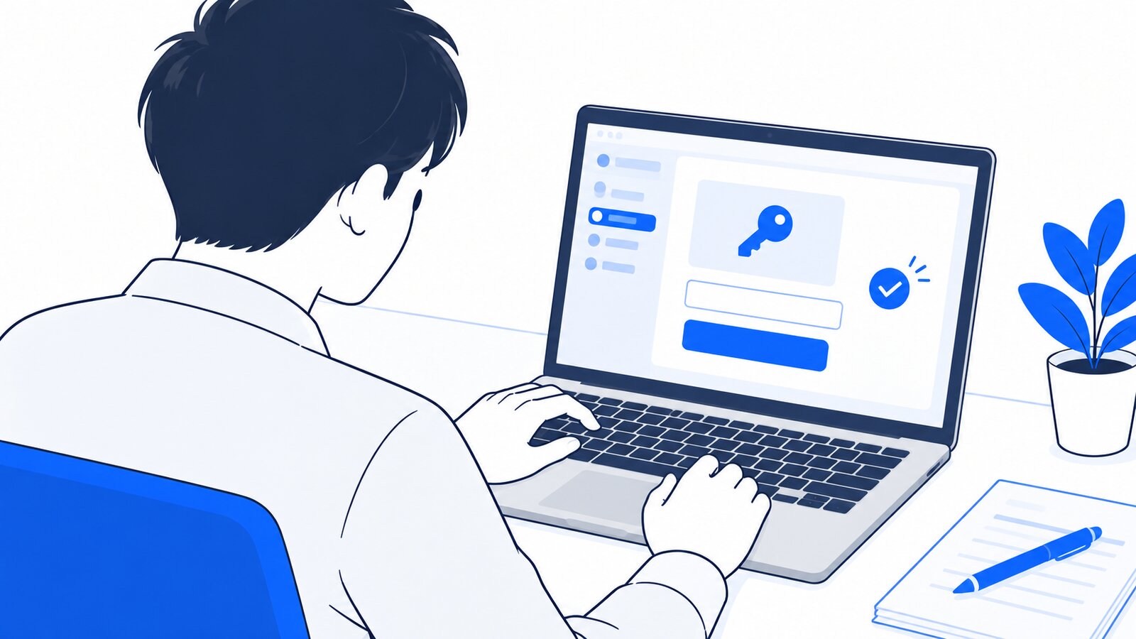 ノートPCで管理画面を開き、APIキーを作成している手元
