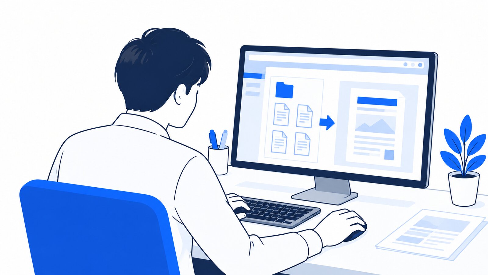 会社員がPCのデスクトップアプリでフォルダ内の資料をまとめさせている様子を肩越しに見た場面