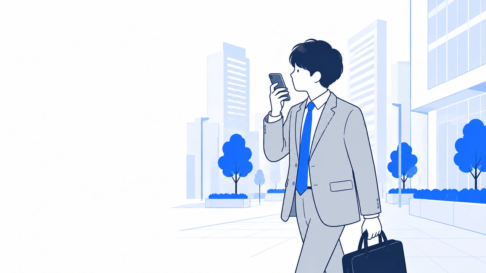 外出先で会社員がスマホのClaudeアプリに話しかけている場面