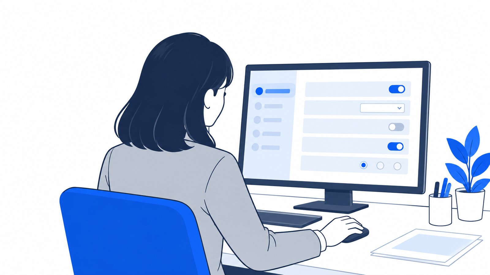 会社員がPCでClaudeの設定画面を開き、項目を確認している様子を肩越しに見た場面